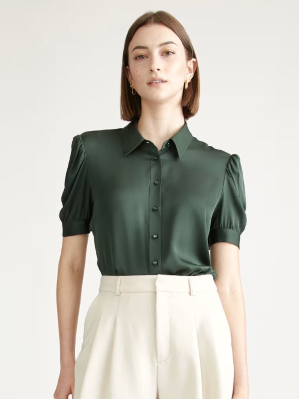 Quince Women's Washable Silk Blouse - Short Sleeve in Forest Green Color